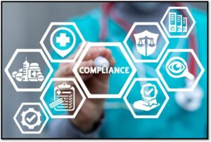AI-powered healthcare compliance dashboard displaying regulatory compliance, audit readiness, data governance, risk management, patient safety, and financial analytics in a modern hospital environment.