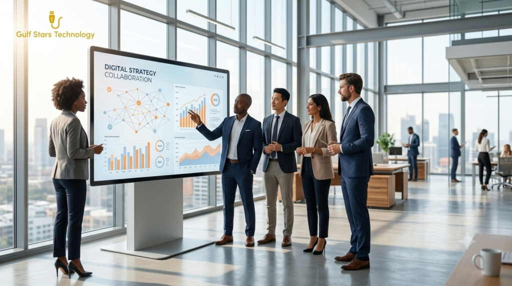 Business team collaborating on digital strategy using an interactive display in a modern office