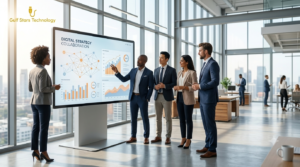 Business team collaborating on digital strategy using an interactive display in a modern office
