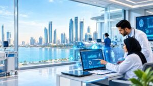 Healthcare professionals using digital technology and analytics in an Abu Dhabi healthcare facility